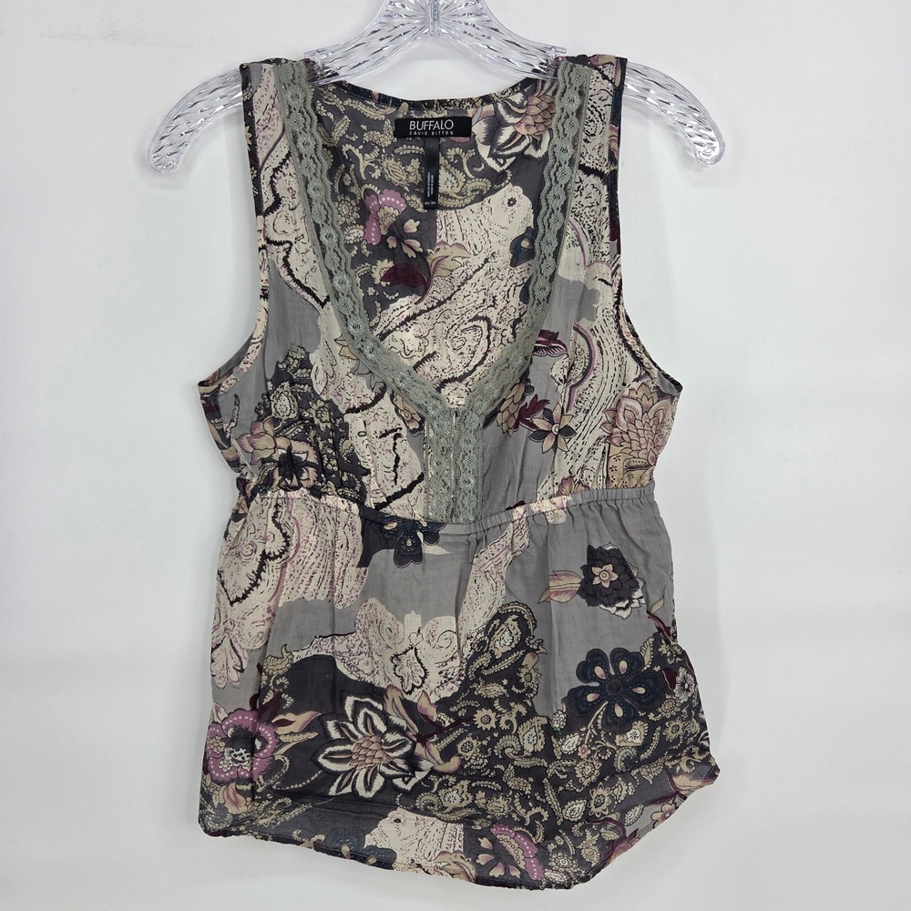 Y2K Buffalo David Bitton Tank Top Medium Grey Floral Boho Art-Inspired Lace Trim
